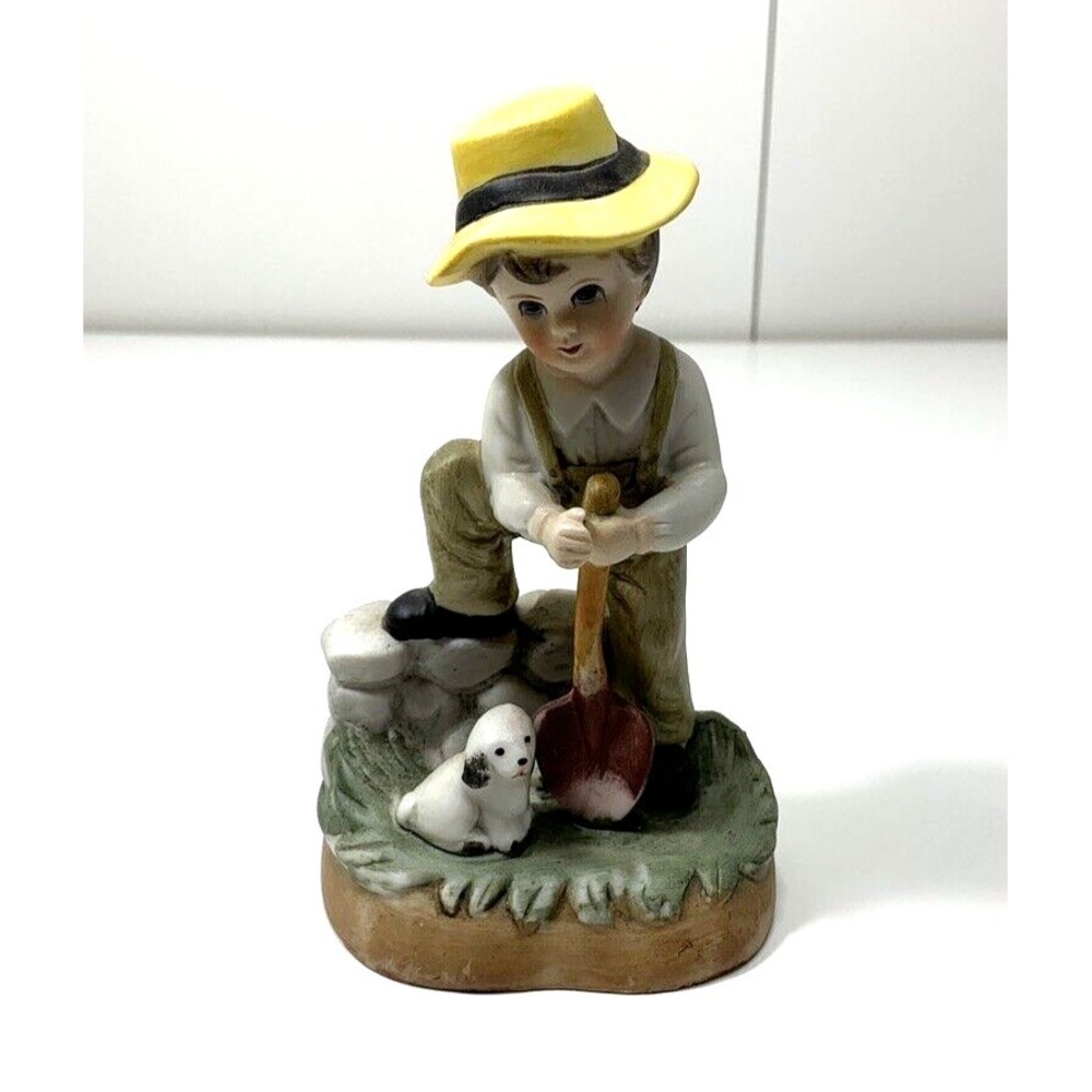 Vintage Ceramic Boy in Overalls & Yellow Hat w/Dog Figurine Made in Korea